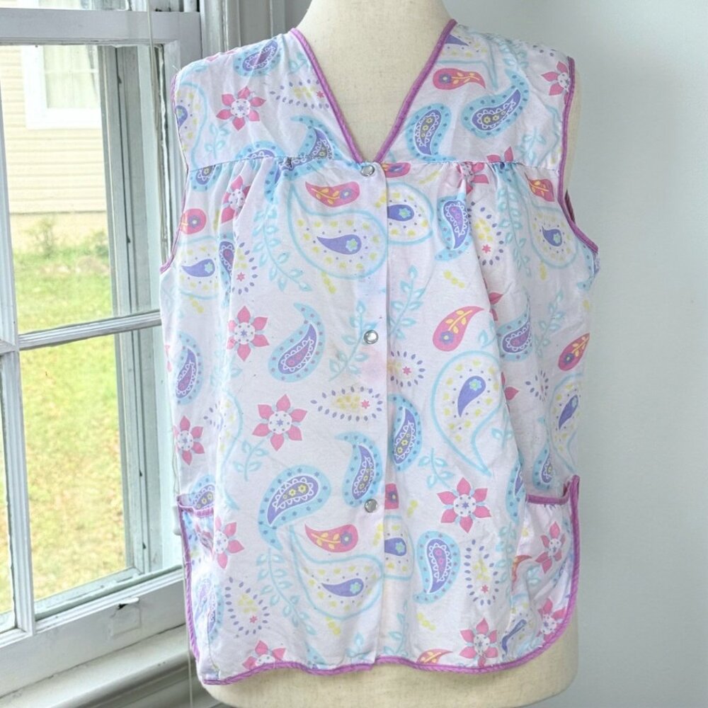 Lati Fashion Paisley Floral Snap Button Up Flowy Top White Pink Large Smock